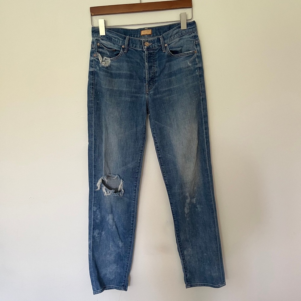 MOTHER The Brother 25 Distressed Straight Leg Jeans Medium Wash Button Fly
